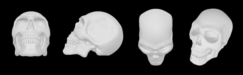 Realistic white 3d skull: front, side, top view isolated on black