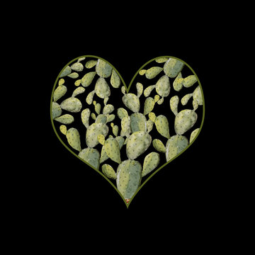 Cactus heart valentine illustration background, heart made of cactus plants