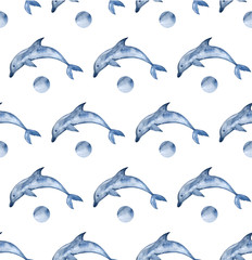 Watercolor Dolphins background. Hand painted watercolor pattern with stylized blue dolphin.