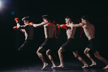 Multiple exposure of strong shirtless muscular boxer in boxing gloves doing punch