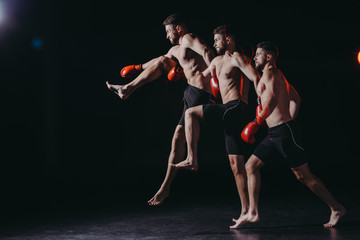 multiple exposure of strong shirtless muscular mma fighter in boxing gloves doing kick in jump