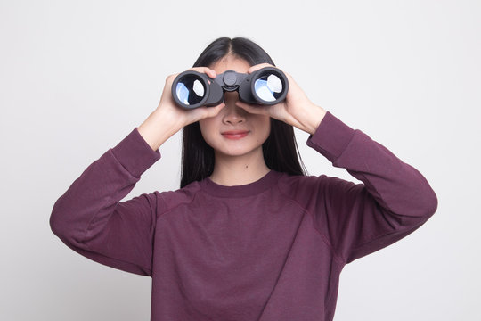 Young Asian Woman With Binoculars.