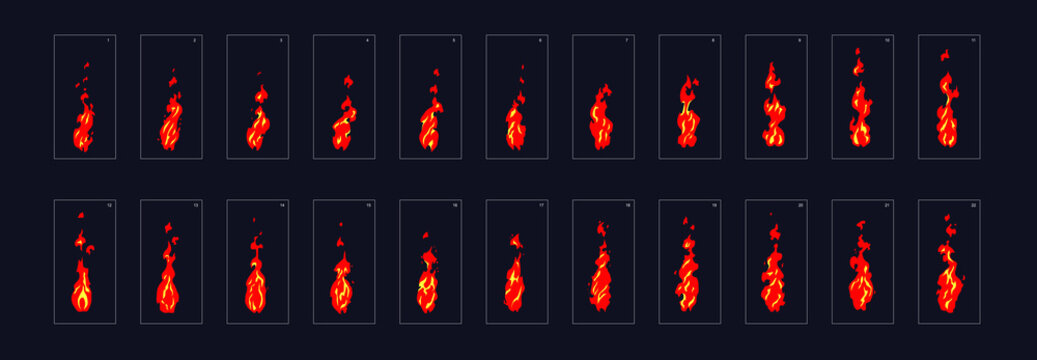 Fire animation sprite sheet or animation frames icons. Use in game, motion graphic, animation or something else. Vector illustration.