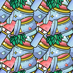 Nail salon. Tools and accessories for manicure and nail. Vector flat color seamless pattern in linear style.