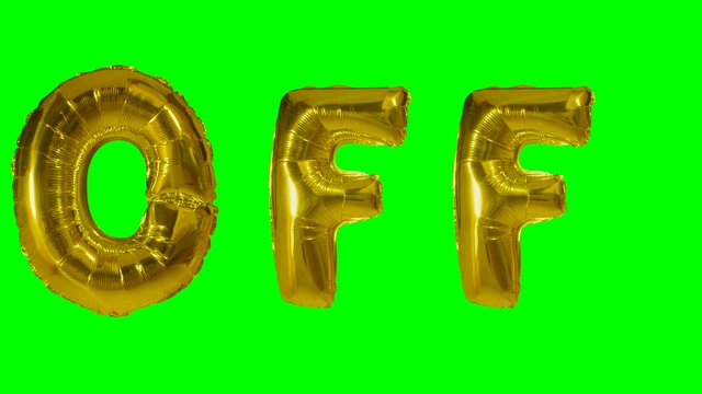 Word off from helium gold balloon letters floating on green screen