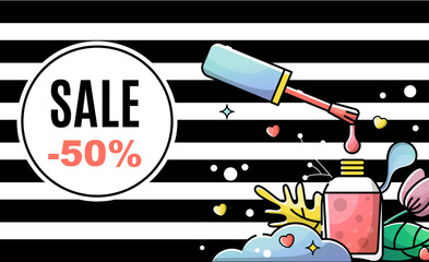 Vector flat banner for nail salon. Sale and discounts. Illustration in linear style with place for text. Poster Template. flyer and invitation card