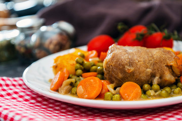 Beef meat stewed with potatoes-Traditional French cuisine Beef Bourguignon potatoes carrots in persillade