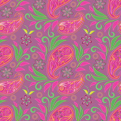 Seamless colorful pattern with paisley and flowers. Purple ethnic ornament. Vector print. Use for wallpaper, pattern fills,textile design.