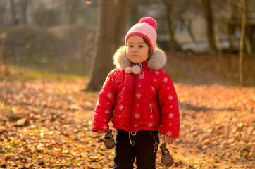 Little girl walks in autumn park