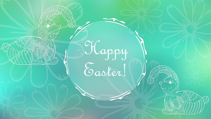 Easter Greeting Card with Rabbits and Flowers