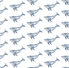 Watercolor whale background. Hand painted watercolor pattern with stylized blue whale