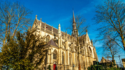 Beautiful side view of the Basilica of the Blessed Sacrament or Basilica of Meerssen from a lower...