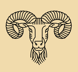 Emblem, badge with a ram head in the style of linear engravings, armorial symbols. Aries zodiac sign.