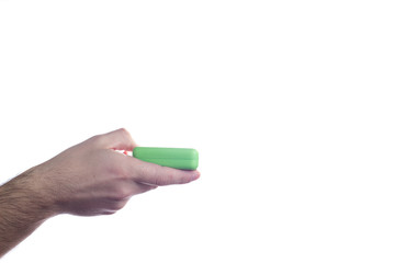 Green soap in hand isolated on white background