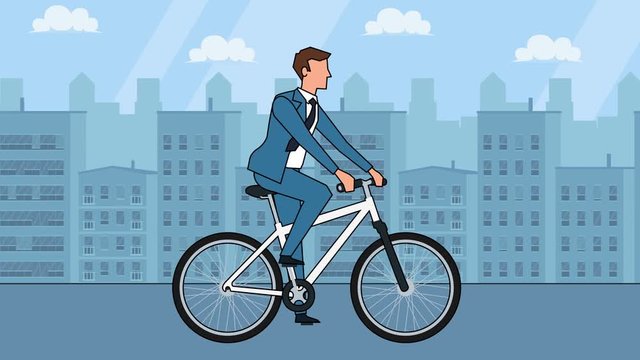 Flat cartoon businessman character cyclist riding a white bicycle animation