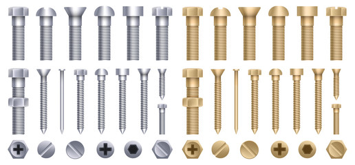 Creative vector illustration of steel brass bolts, metal screws, iron nails, rivets, washers, nuts hardware side view isolated on transparent background. Art design abstract concept graphic element