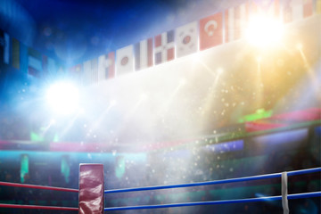 International professional boxing ring in bright lights 3d render