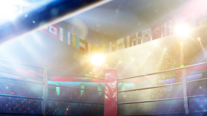 International professional boxing ring in bright lights 3d render