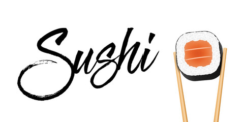 Naklejki  Ilustracja wektorowa Creative pałeczki trzymając sushi kawałki łososia rolki na przezroczystym tle. Szablon przekąski projektu sztuki. Abstrakcyjna koncepcja restauracji, baru, elementu graficznego menu sklepu