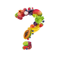 Question mark made of different fruits and berries, fruit alphabet isolated on white background