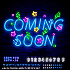 Coming Soon Neon Sign Vector with Brick Wall Background . Coming Soon Badge in neon style design element light banner announcement neon signboard night neon advensing. Editing Text