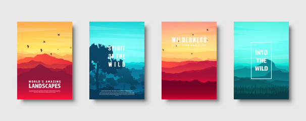 Mountains and forest. Wild nature landscape. Travel and adventure.Panorama. Into the woods. Horizon line.Trees,fog. Vector illustration.