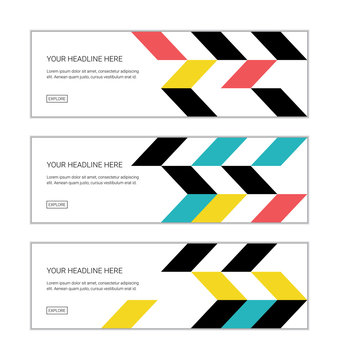 Web banner design template set consisting of abstract background patterns made with parallelogram shapes in blue, yellow, red and black colors. Modern, playful vector art.