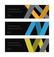 Web banner design template set consisting of abstract backgrounds made with geometric shapes flowing in three dimensional space in grey, orange and yellow colors. Modern, bright colored vector art.