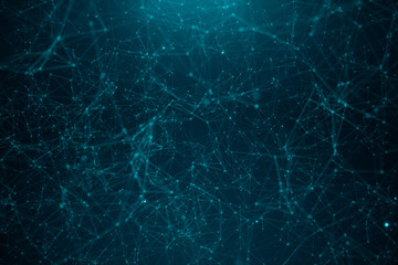 Abstract transfer big technology. Digital landscape with Global connecting, low poly network connection dots and lines on blue background. Cyberspace technology. 3D illustration