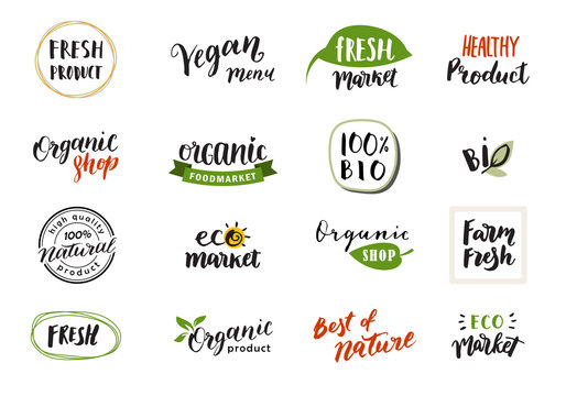 Hand drawn lettering and calligraphy for natural product logos, labels and icons. Collection of organic and bio elements. 