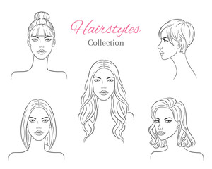 Beautiful young women with fashion trendy hairstyles. vector sketch illustration.