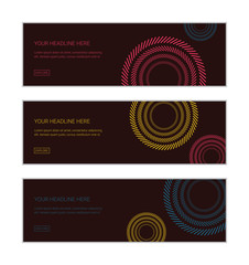 Web banner design template set consisting of abstract, backgrounds of colorful circles made with short, inclined lines. Modern and vibrant vector art. Pink, yellow and blue colors on dark red.