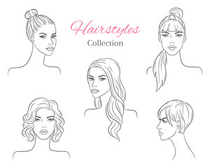 Beautiful young women with fashion trendy hairstyles. vector sketch illustration.