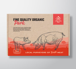Fine Quality Organic Pork. Vector Meat Packaging Label Design on a Craft Cardboard Box Container. Modern Typography and Hand Drawn Pig and Piggy Silhouettes. Rural Pasture Landscape Background Layout