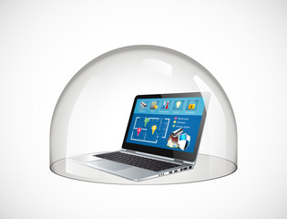 Laptop protection concept - glass dome secure computer against viruses