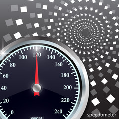 Speedometer on abstract geometric background. Round black caliber with chrome frame.
