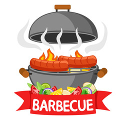 Sausages are fried in a barbecue, a red ribbon with vegetables on a white background.