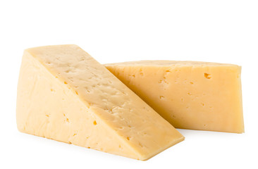 Two triangles of cheese on a white background. Isolated.