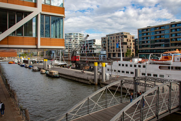 Canal in Hafencity with bridge in Hamburg Germany