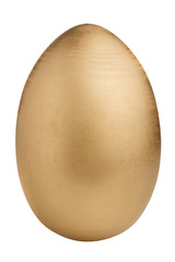 Handmade golden wooden Easter egg isolated on white background