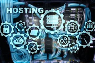 Web Hosting Technology Internet and Networking Concept. On Server room background. Virual screen.