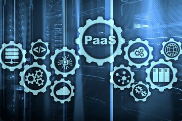 Platform as a service PaaS - cloud computing services concept. Server room background.