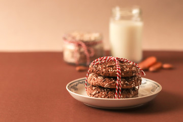 Homemade oatmeal cookies on old table background. Healthy Food Snack Concept. Copy space