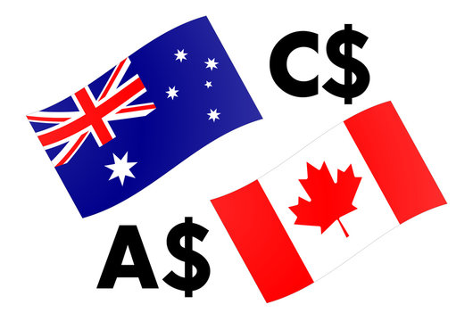 AUDCAD forex currency pair vector illustration. Australia and Canada flag, with Dollar symbol.
