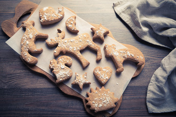 Christmas homemade ginger cookies, small funny animal figurines