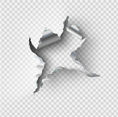 ragged Hole torn in ripped steel metal on transparent