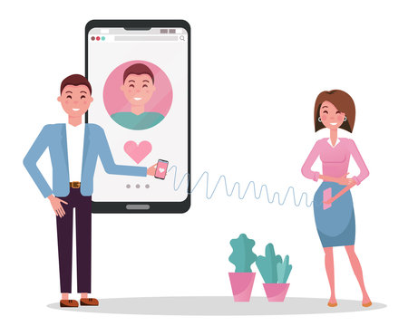 Man and woman using online dating app on smartphone and meeting at table,  tiny people. Blind date, speed dating, online dating service concept.  Website vibrant violet landing web page template. Stock Vector