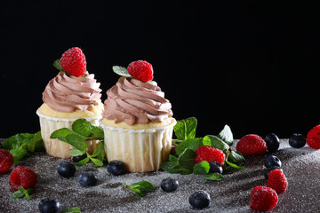 Two handmade cupcakes with blueberries and raspberries on a black background. Still life concept