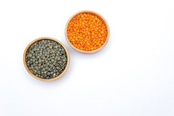 Two varieties of lentils, copy space, concept of healthy food.