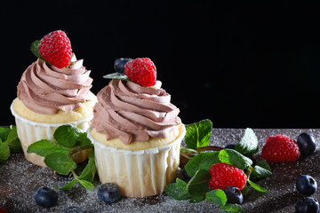 Handmade cupcakes on a black background. Still life concept